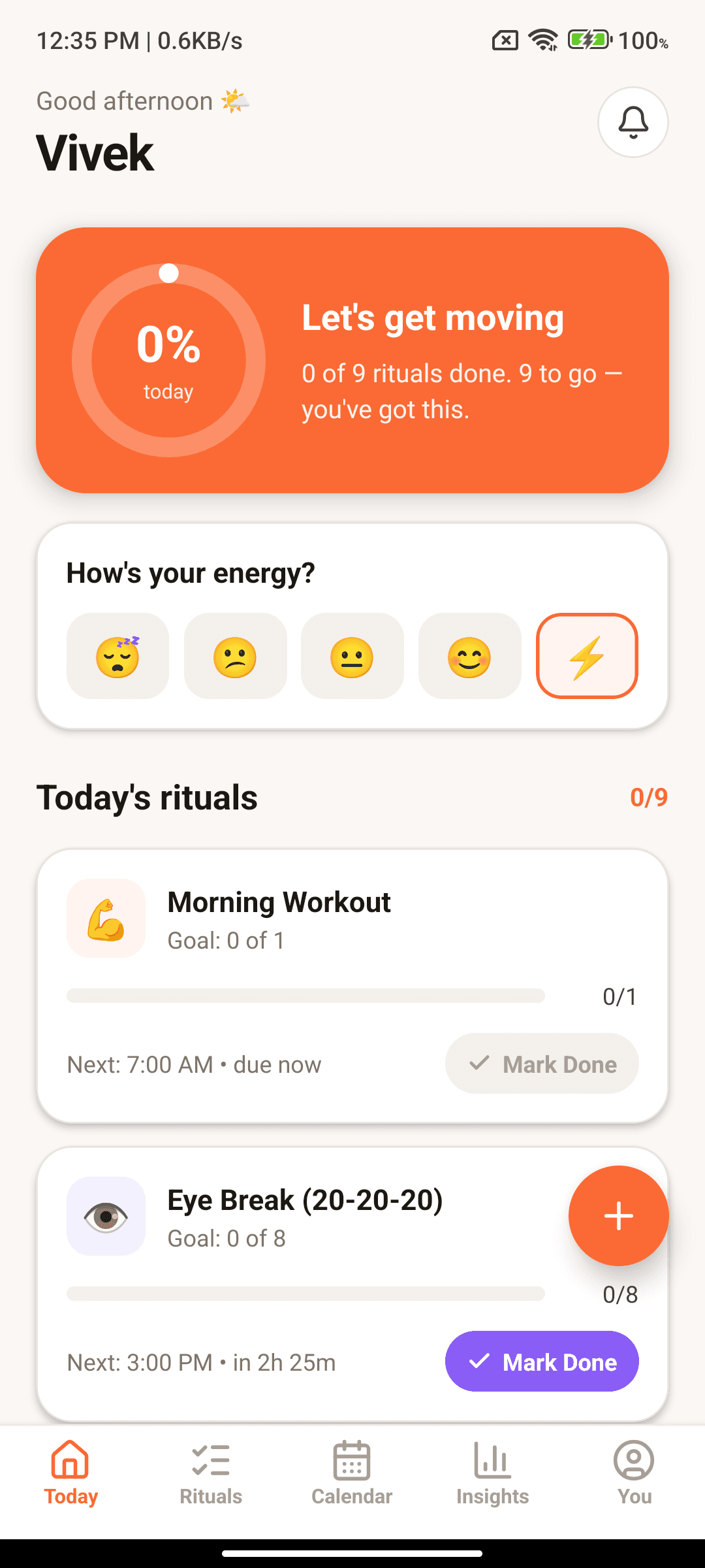VigorTempo app — today's rituals